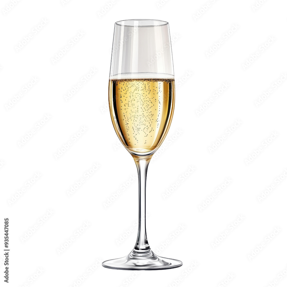 Champagne Flute on transparent background with Sparkling Bubbles in Golden Liquid