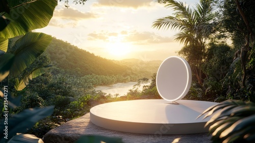 In this rendering, a podium pedestal product display is displayed against a tropical sunset beach background.
