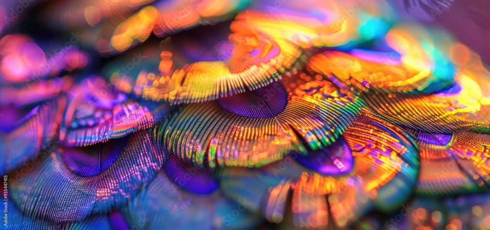 Vibrant iridescent scales with intricate patterns in multicolored hues on a blurred background Vibrant iridescent scales with intricate patterns in multicolored hues on a blurred background