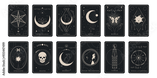 Magical tarot cards design set of Major Arcana symbols. Tarot symbolism. Mystery, astrology, alchemy. Vector illustration