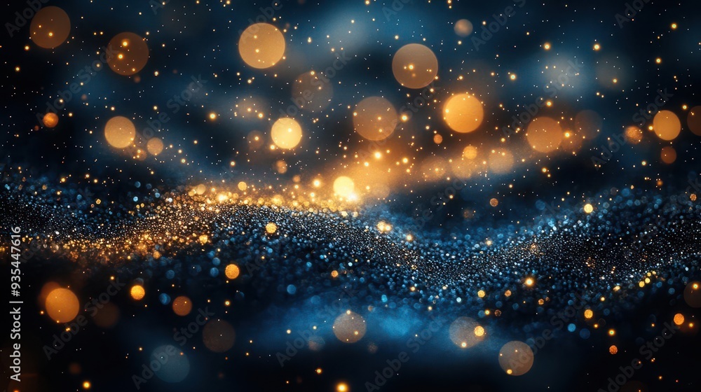 Obraz premium luxurious teal and gold abstract shimmering bokeh lights rich jewel tones elegant swirls of glitter opulent holiday atmosphere dreamy festive background