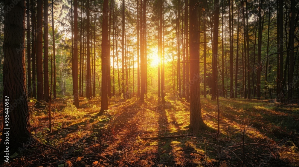 Obraz premium Golden hour light streaming through a forest, casting long shadows and warm tones on the trees and ground