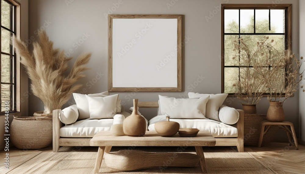 Warm and Inviting: Farmhouse Living Room Frame Mockup, 3D Design Warm and Inviting: Farmhouse Living Room Frame Mockup, 3D Design