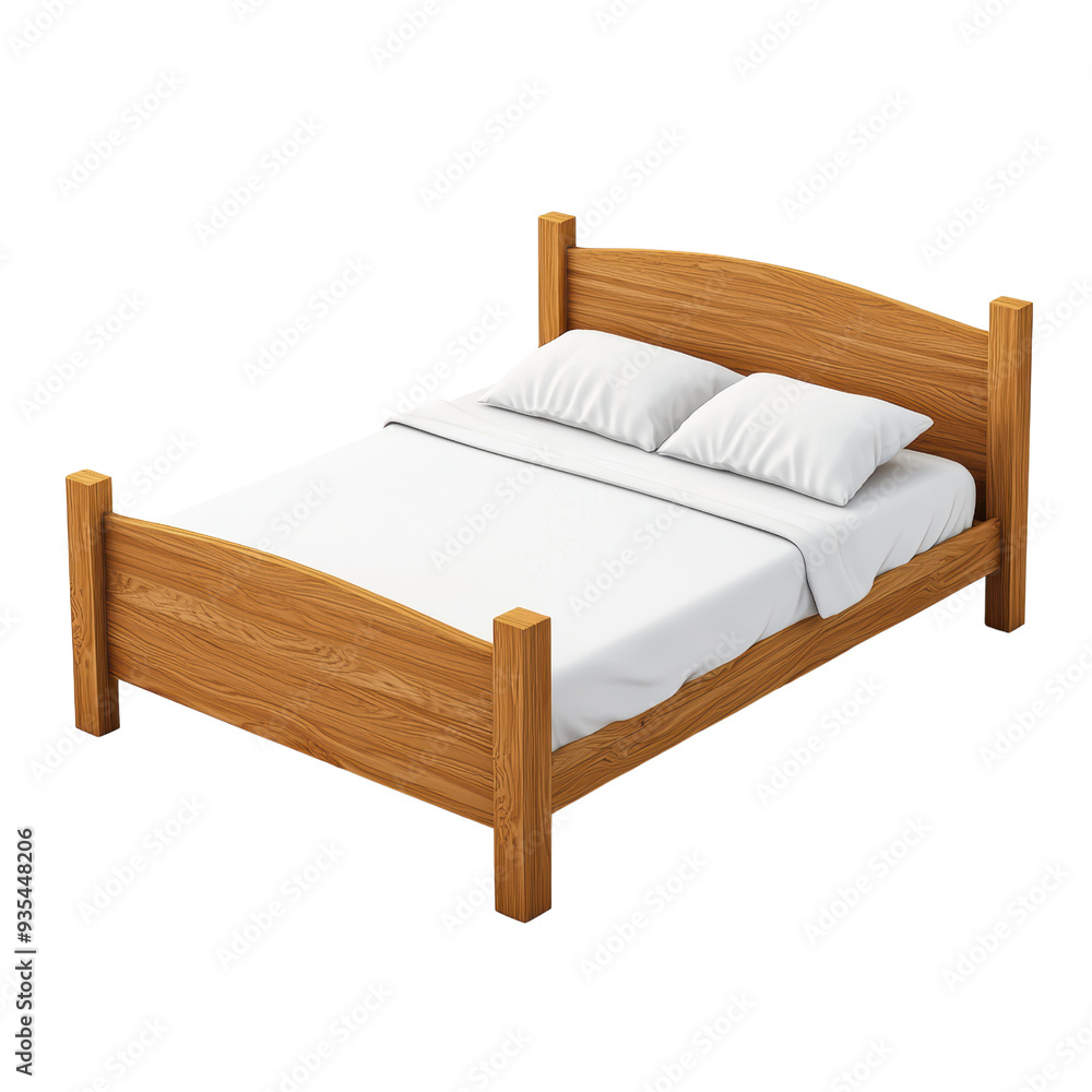 Wooden Bed with White Bedding on Isolated Background, Displaying Bedroom Furniture Wooden Bed with White Bedding on Isolated Background, Displaying Bedroom Furniture