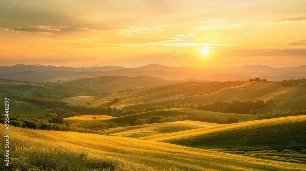 Golden hour over a serene countryside, with the sun setting behind rolling hills and the sky glowing with warm colors Golden hour over a serene countryside, with the sun setting behind rolling hills and the sky glowing with warm colors