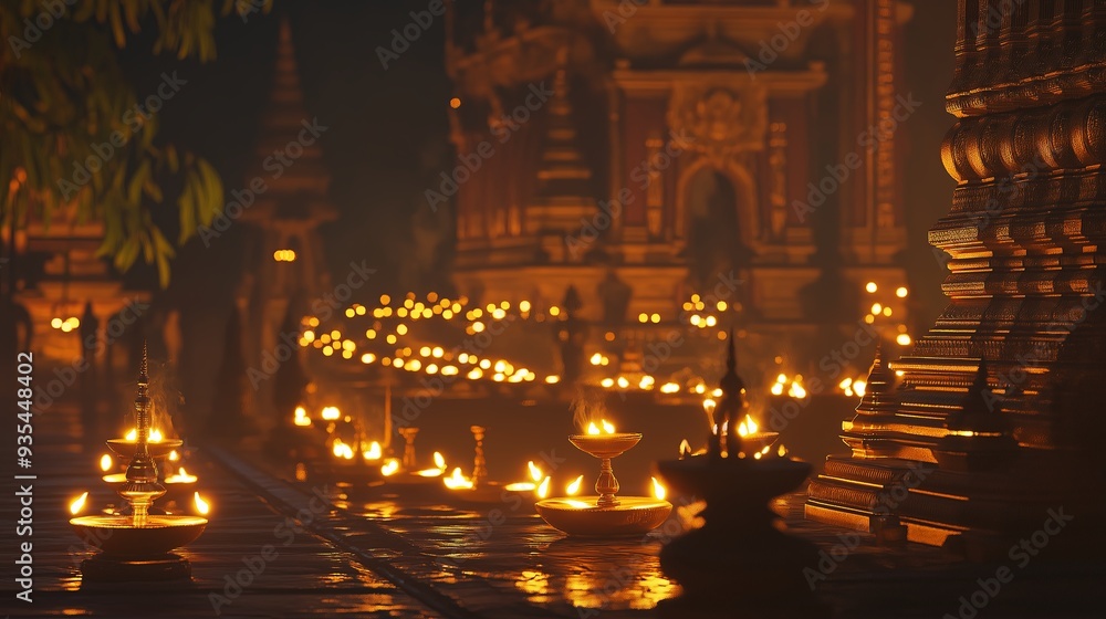 Obraz premium Diwali Evening at a Temple – A temple illuminated by rows of oil lamps, with worshippers gathered for evening prayers and the air filled with the scent of incense
