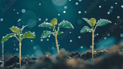 This stock image has a blurry blue background and a growing plant in it.