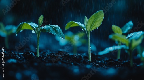 The graphic depicts plants growing on a blurry blue background.