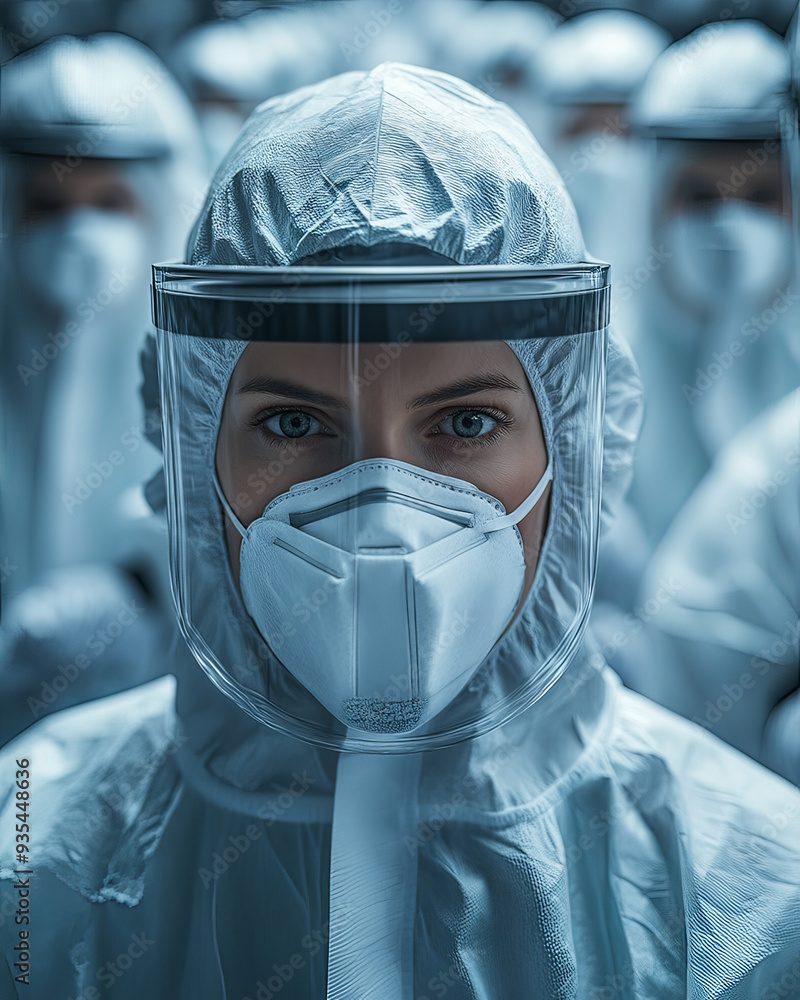 Portrait of medical personnel wearing masks and protective suits, generative ai Portrait of medical personnel wearing masks and protective suits, generative ai