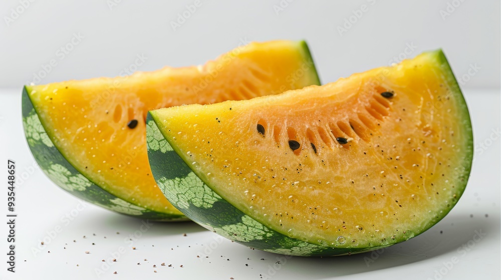 Close-up of fresh yellow watermelon slices on a white background Close-up of fresh yellow watermelon slices on a white background