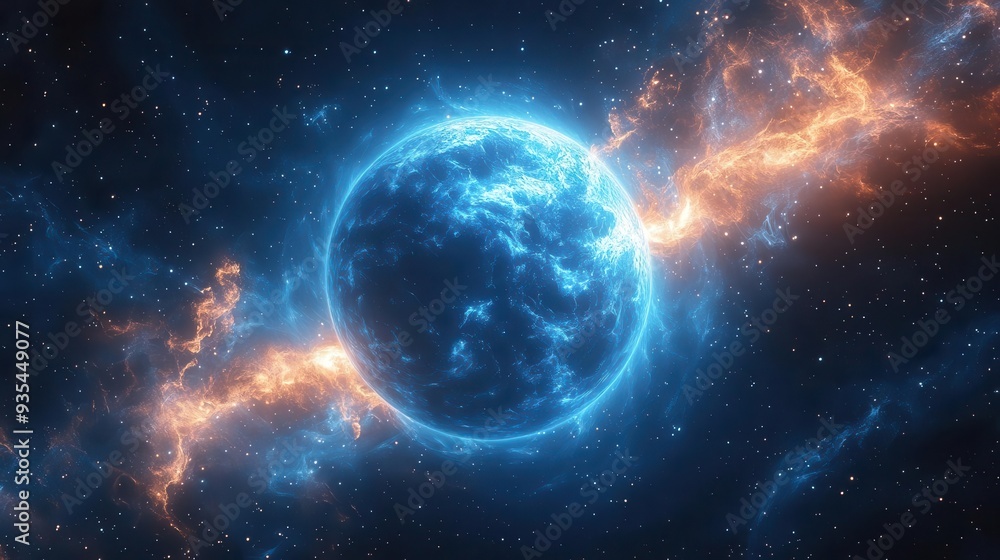 Obraz premium mesmerizing cosmic portal glowing blue planet surrounded by ethereal energy waves starry void background light beams emerging from planetary surface