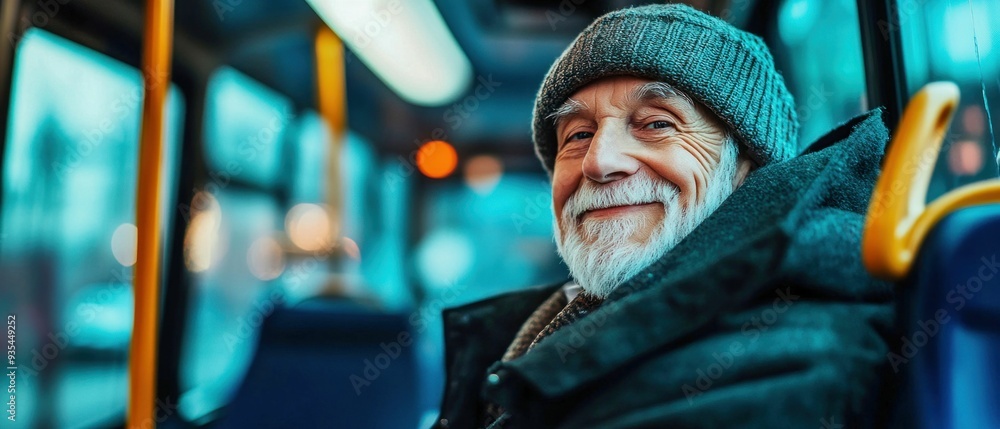Elderly Men Smiling While Riding on a Bus During a Winter Day Elderly Men Smiling While Riding on a Bus During a Winter Day