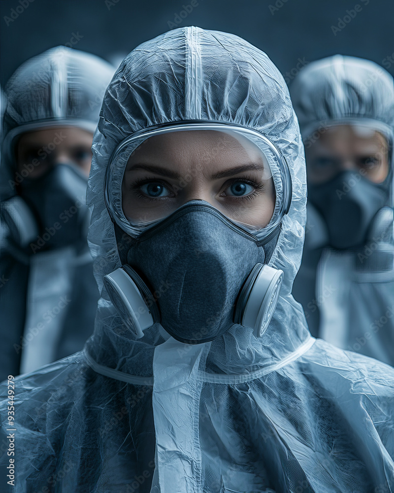 Portrait of medical personnel wearing masks and protective suits, generative ai Portrait of medical personnel wearing masks and protective suits, generative ai
