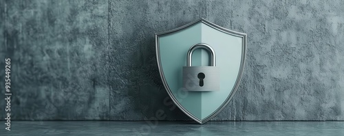 Bank vault secured by a shield and padlock, symbolizing strong and robust protection, 3D illustration