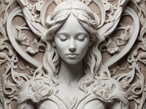 face of buddha statue,3d art wallpaper abstract of white floral girl decor, colorful girl and white backgroundsculpture of a girl on the facade of a building, statue of the girl, detail of the facade 