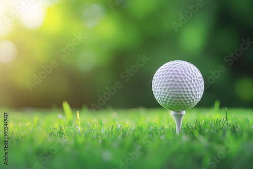 Closeup golf ball on tee with blur green 