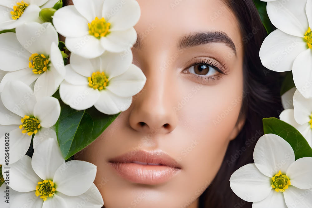 A Beautiful Woman surrounded and covered with white Flowers around her Face. A Beautiful Woman surrounded and covered with white Flowers around her Face.