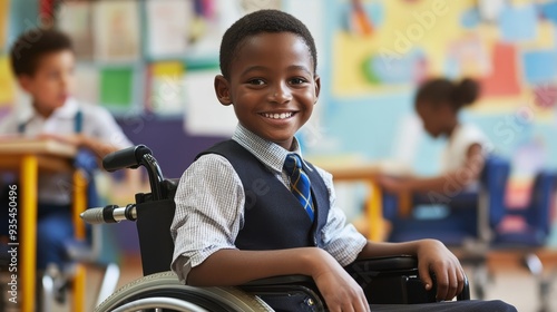 Black disabled boy in wheelchair smiling at rainbow flag during Pride month at school. LGBTQ+ inclusive education.