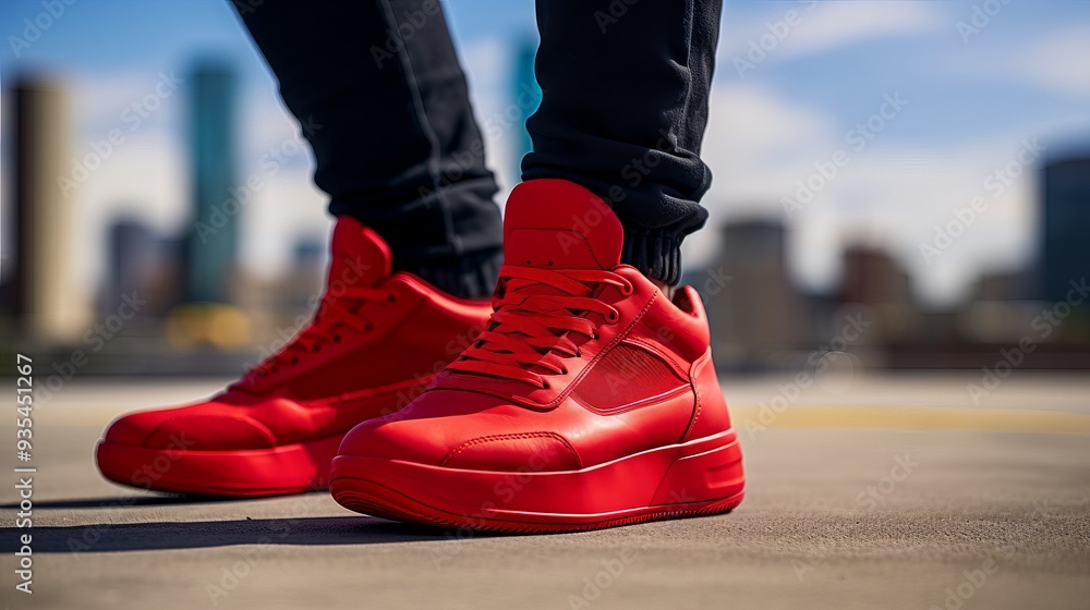 Bold red sneakers in an urban setting, showcasing vibrant street style against a city skyline Bold red sneakers in an urban setting, showcasing vibrant street style against a city skyline