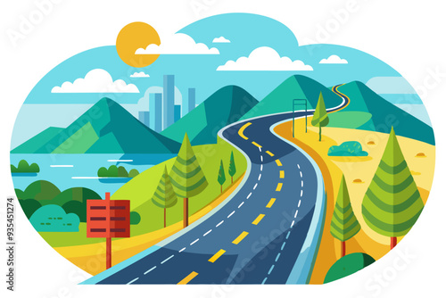 Winding Road Through a Mountainous Landscape with a City Skyline in the Distance