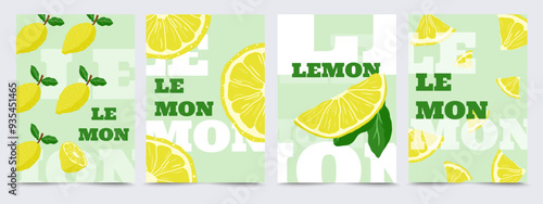 Lemon themed illustration posters featuring whole and sliced lemons, vibrant green background. concept of freshness and citrus. Frames and borders ornate. Vector illustration.