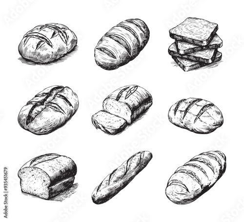 Set of bread vector illustrations - hand drawn bread - black and white bread isolated on white background