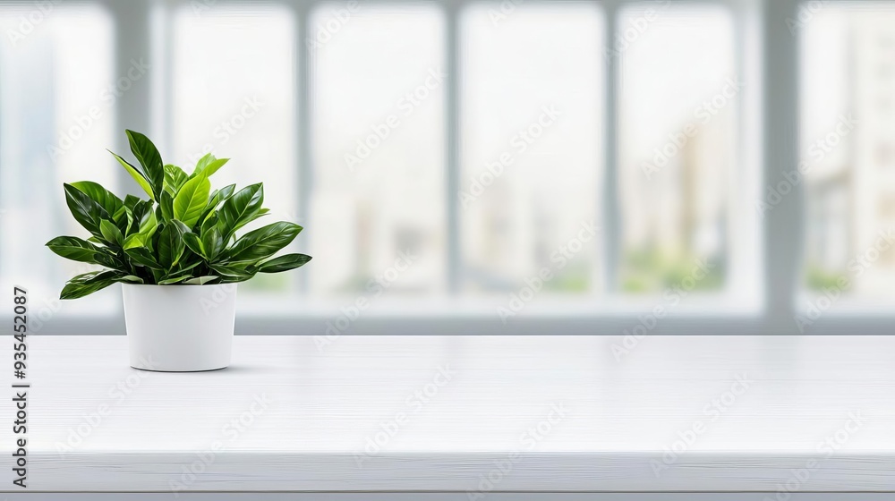 Smooth white ceramic tabletop with blurred defocused contemporary office space in the background, featuring large windows and bright natural light, product montage display Smooth white ceramic tabletop with blurred defocused contemporary office space in the background, featuring large windows and bright natural light, product montage display