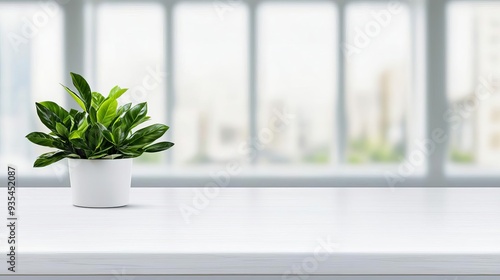 Smooth white ceramic tabletop with blurred defocused contemporary office space in the background, featuring large windows and bright natural light, product montage display