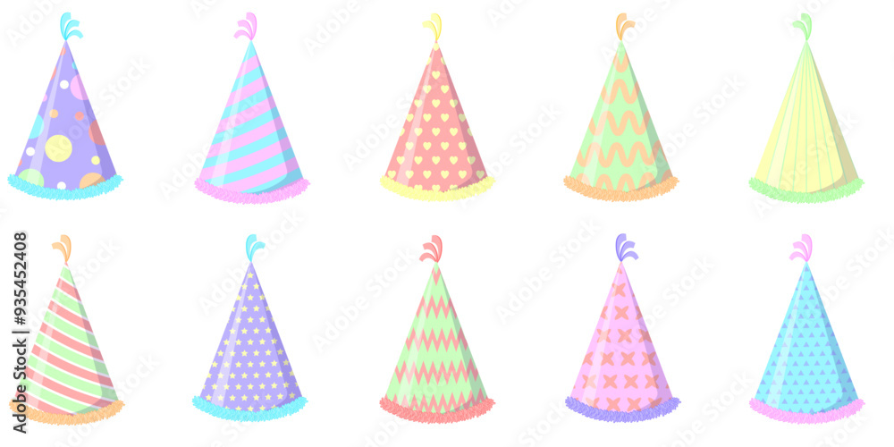 A set of birthday hats in different pastel colors and shapes. Vector illustration EPS10. A set of birthday hats in different pastel colors and shapes. Vector illustration EPS10.