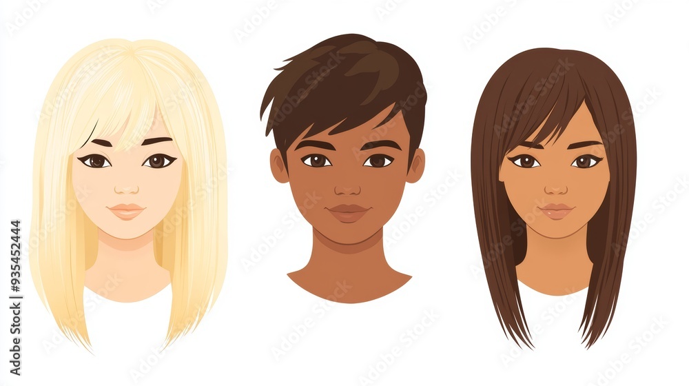 Modern line character heads with smiling children and adults thinking. Modern illustration. Modern line character heads with smiling children and adults thinking. Modern illustration.