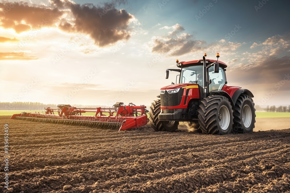 Fototapeta premium Tractor plowing a field at sunset in a rural agricultural landscape