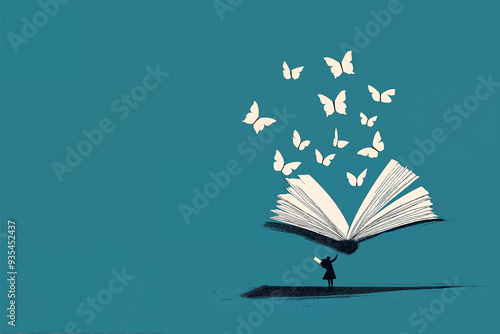 Book with Butterflies. Open book with butterflies flying out. Imagination, literature, and freedom concept. photo