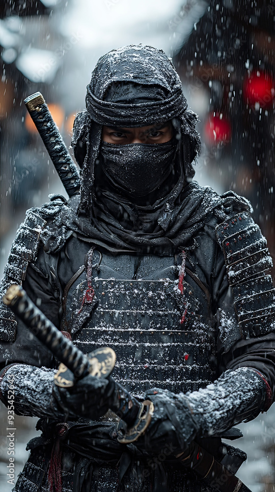 Naklejka premium portrait of ninja assassin with sword, generative ai