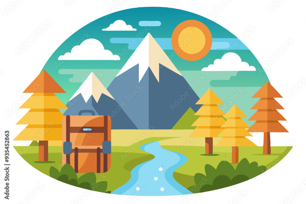 Fototapeta premium A Suitcase in Front of a Mountain Landscape with a Stream