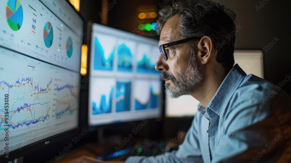 Scientists study climate change data on a computer screen. Charts and graphs Scientists study climate change data on a computer screen. Charts and graphs