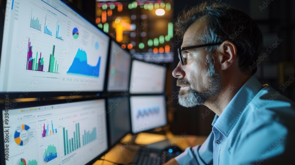 Scientists study climate change data on a computer screen. Charts and graphs Scientists study climate change data on a computer screen. Charts and graphs