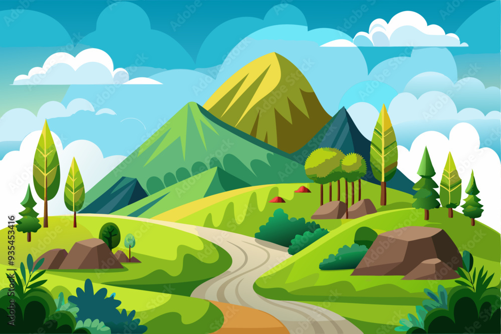 Obraz premium Winding Path Through a Verdant Mountain Landscape