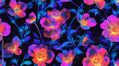 A seamless pattern with minimalistic holographic wild flowers - Glowing neon rainbow background.	