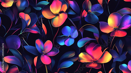 A seamless pattern with minimalistic holographic wild flowers - Glowing neon rainbow background.	