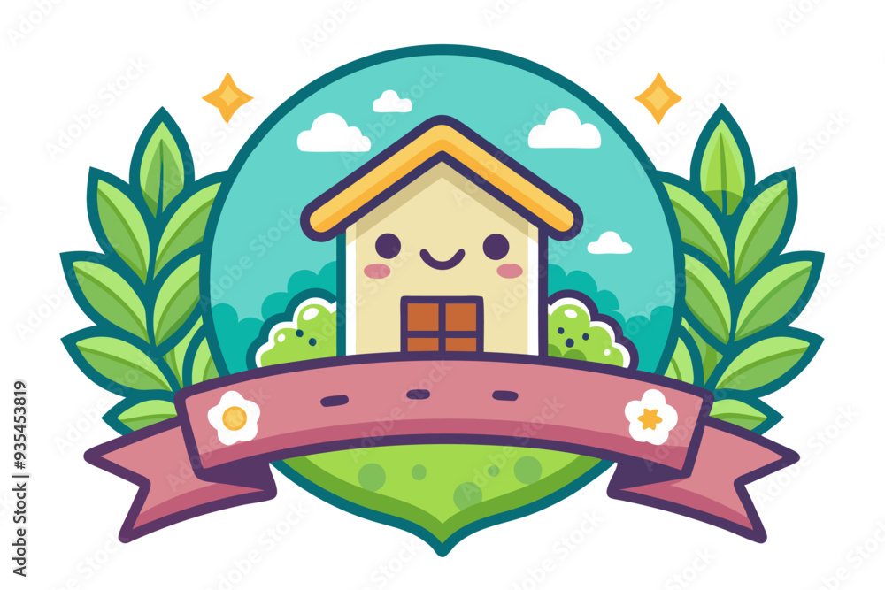 Fototapeta premium Cute Cartoon House with Green Leaves and Ribbon