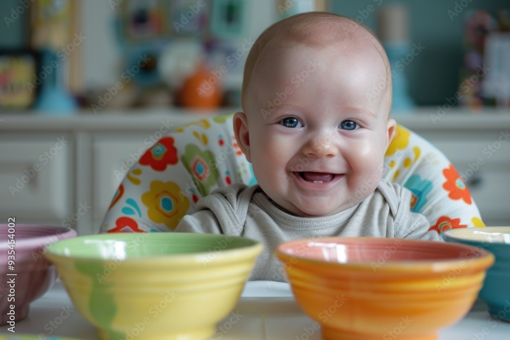 Little boy smiling in a high chair with a bowl of paints Little boy smiling in a high chair with a bowl of paints