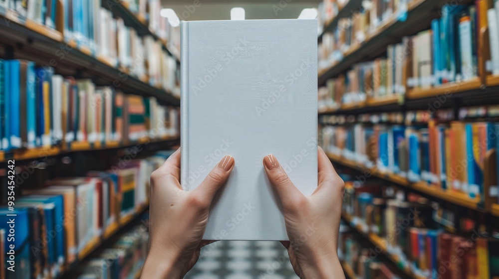 A high-quality close-up photo of a blank book cover mockup being held by a person in a library. Perfect for showcasing your book cover designs. A high-quality close-up photo of a blank book cover mockup being held by a person in a library. Perfect for showcasing your book cover designs.