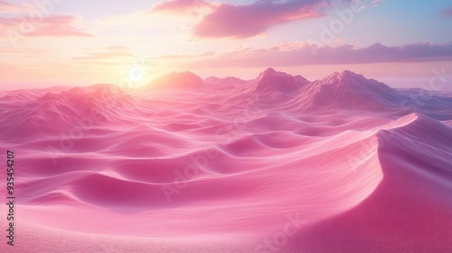 otherworldly landscape pink sand dunes stretch endlessly under ethereal lavender sky shimmering heat waves create miragelike distortions on alien horizon photo