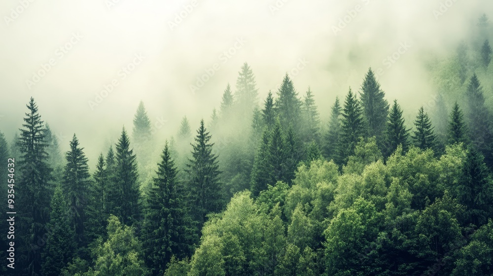 Obraz premium Mist fills the forest in the early morning hours as tall evergreens stand tall and tall
