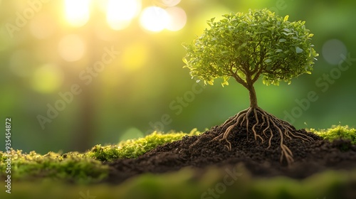 A tiny tree with roots on mossy soil, sunlight, and soft green background.