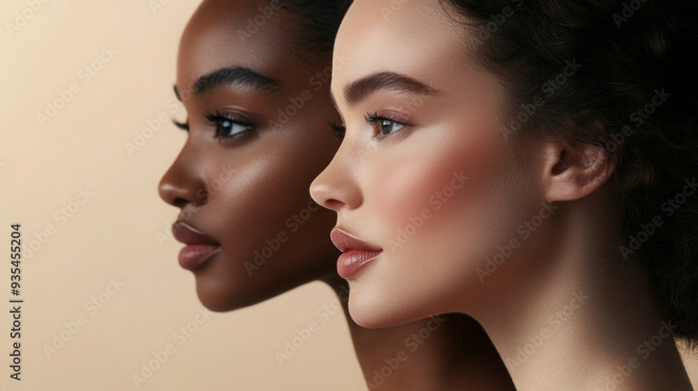 Two women with distinct skin tones pose side by side, highlighting their unique features and beauty in a warm and soft lighting setting. Two women with distinct skin tones pose side by side, highlighting their unique features and beauty in a warm and soft lighting setting.