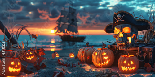 Captains skull with hat. skull with a pirate hat for Halloween on beautiful beach. Halloween Concept. with copy space for text.