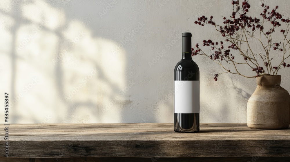Elegant wine bottle and dried flowers on rustic wooden table indoors Elegant wine bottle and dried flowers on rustic wooden table indoors