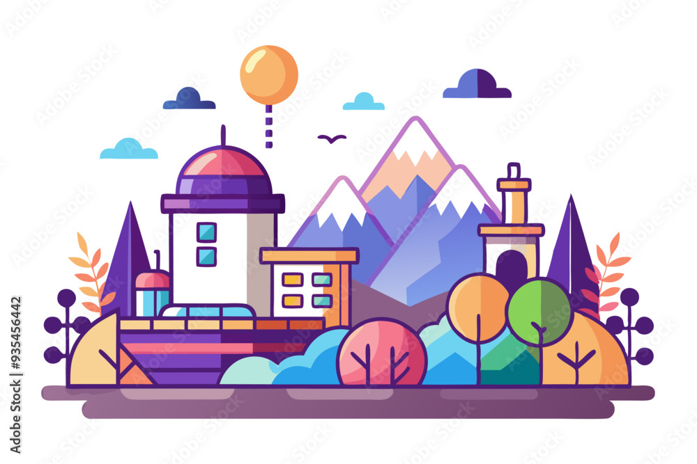 Obraz premium Colorful Illustration of a Town with Mountains and a Balloon