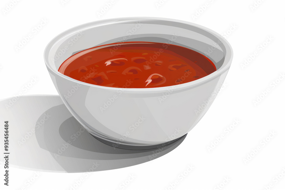 A white bowl filled with tomato sauce sits alone on a white backdrop. A white bowl filled with tomato sauce sits alone on a white backdrop.
